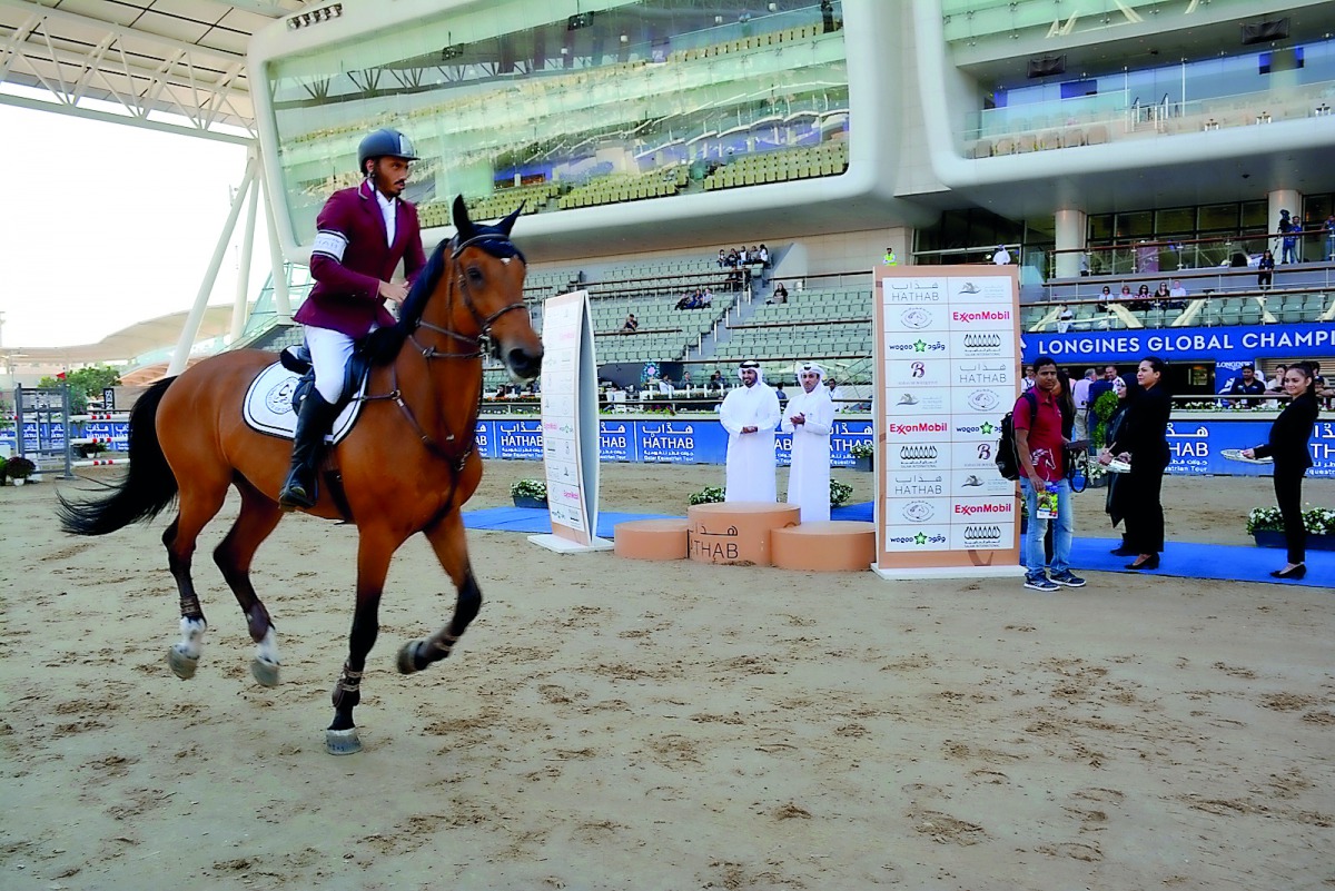 Saeed Nasser Al Qadi, astride Jessico after clocking a time of 21.79 seconds in the Medium Tour .20/1.30m Two Phases event during the third round of Hathab Equestrian Tour at Al Shaqab Arena yesterday.