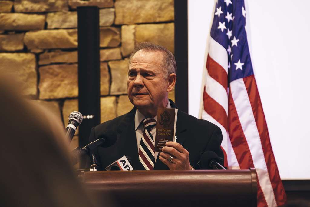 VESTAVIA HILLS, AL - NOVEMBER 11: Republican candidate for U.S. Senate Judge Roy Moore speaks during a mid-Alabama Republican Club's Veterans Day event on November 11, 2017 in Vestavia Hills, Alabama. Wes Frazer/Getty Images/AFP