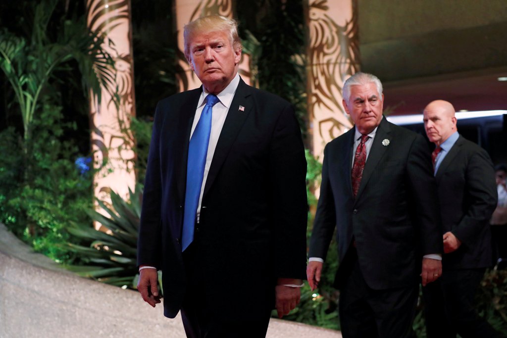 An image of US President Donald Trump at the 12th East Asia Summit in Manila, Philippines November 14, 2017. Seen next to Trump are US National Security Advisor H.R. McMaster (R) and U.S. Secretary of State Rex Tillerson (C). REUTERS/Jonathan Ernst 