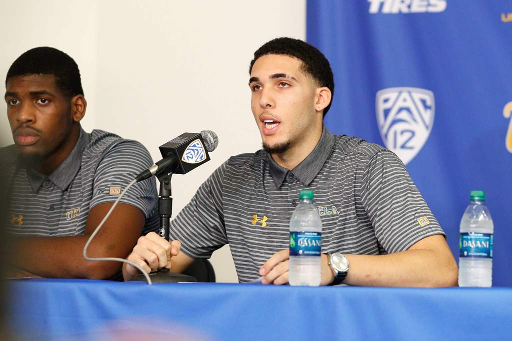 A file photo of LiAngelo Ball and Cody Riley (L) of the UCLA Men's Baskeball team speaking to the media during a press conference at Pauley Pavilion in Los Angeles, California. / AFP / GETTY IMAGES NORTH AMERICA / Josh Lefkowitz