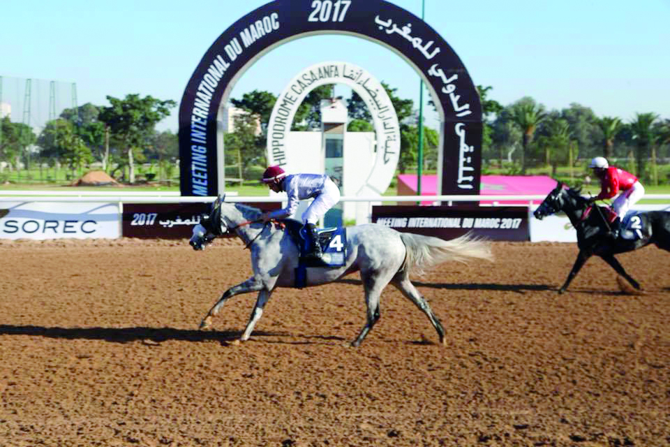 Al Shaqab’s Jeyoosh (Amer), ridden by  Julien Augé, crossing the finish line to win the Prix The President of the UAE Cup (LPA) trophy at Casablanca racecourse, Morocco on Sunday.