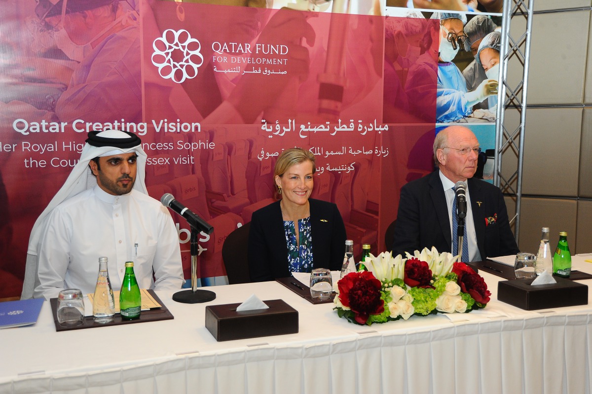 Khalifa bin Jassim Al Kuwari (left), Director-General of the Qatar Fund for Development; Her Royal Highness, Sophie, The Countess of Wessex (centre) and Dr Robert Walters, Orbis envoy to the Middle East, at the conference.