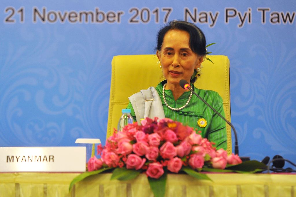 Myanmar's State Counselor Aung San Suu Kyi speaks during a news conference for the Asia Europe Foreign Ministers (ASEM) in Naypyidaw on November 21, 2017. / AFP / Aung HTET