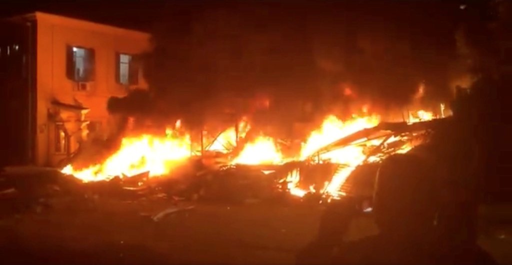Fire is seen after an explosion at a building in Jaffa, Israel, in this still image taken from a November 27, 2017 social media video.
