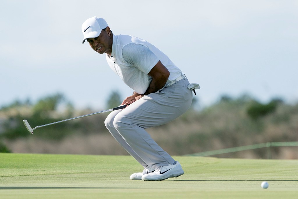Tiger Woods reacts after missing his putt on the 13th hole during the second round of the Hero World Challenge golf tournament at Albany. (Kyle Terada-USA TODAY Sports)