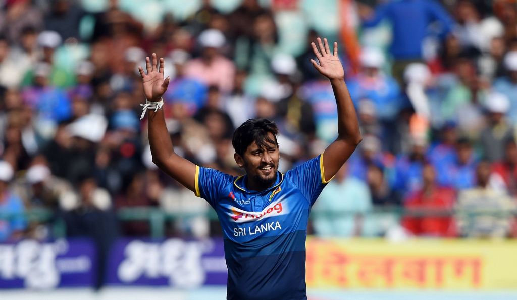 Sri Lankan cricketer Suranga Lakmal gestures during the first One day international (ODI) cricket match between India and Sri Lanka at the Himachal Pradesh cricket association stadium in Dharamshala on December 10, 2017.