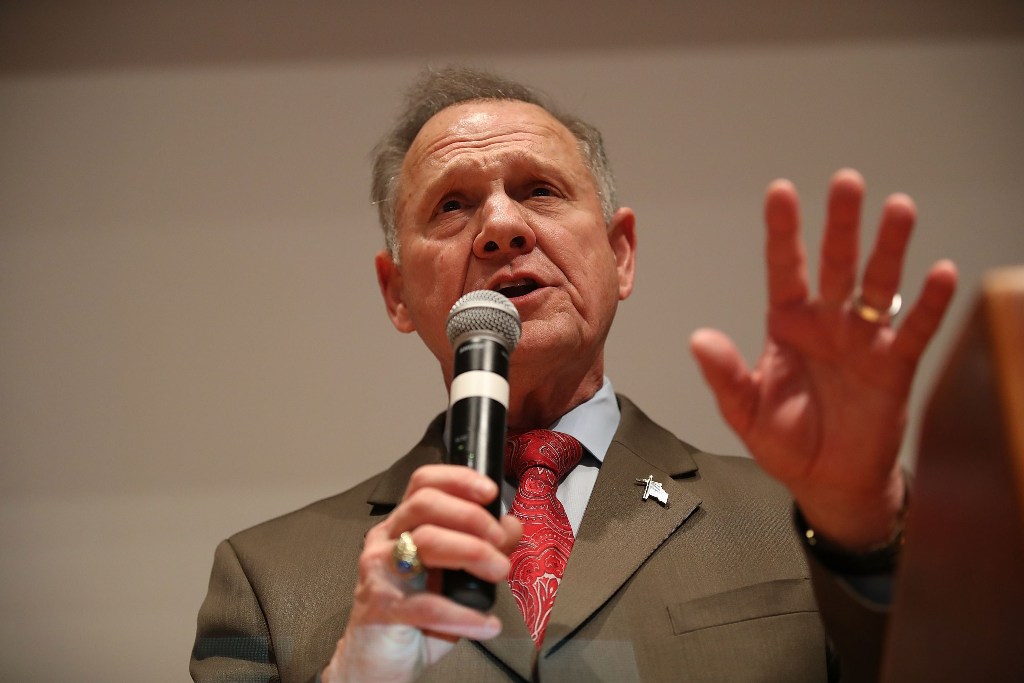 Republican Senatorial candidate Roy Moore speaks about the race against his Democratic opponent Doug Jones is too close and there will be a recount during his election night party in the RSA Activity Center on December 12, 2017 in Montgomery, Alabama.  Jo