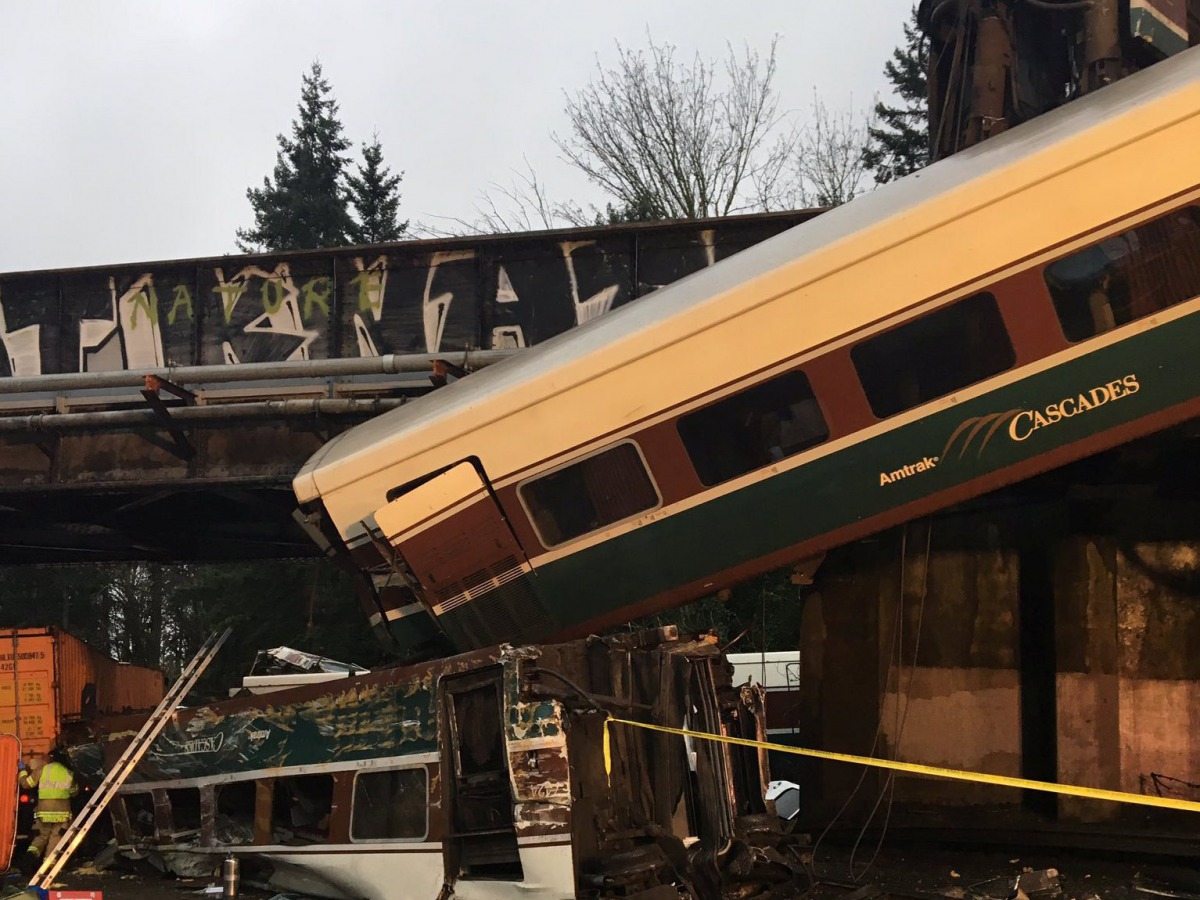 An Amtrak passenger train derailment over interstate highway (I-5) is seen in this Washington State Patrol image moved on social media in DuPont, Washington, U.S., December 18, 2017. Courtesy Brooke Bova/Washington State Patrol