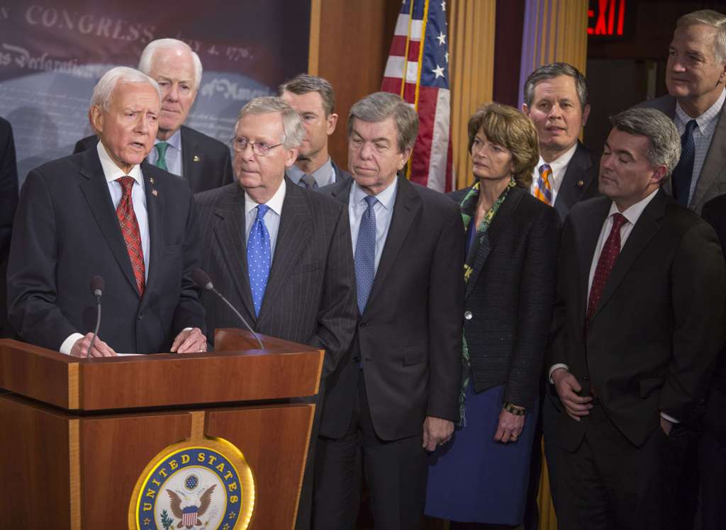 An image of Senate Finance Committee chairman Orrin Hatch (R-UT) speaking at the press conference after the senate vote of the tax reform bill on December 20, 2017 in Washington, DC.  Tasos Katopodis/Getty Images/AFP