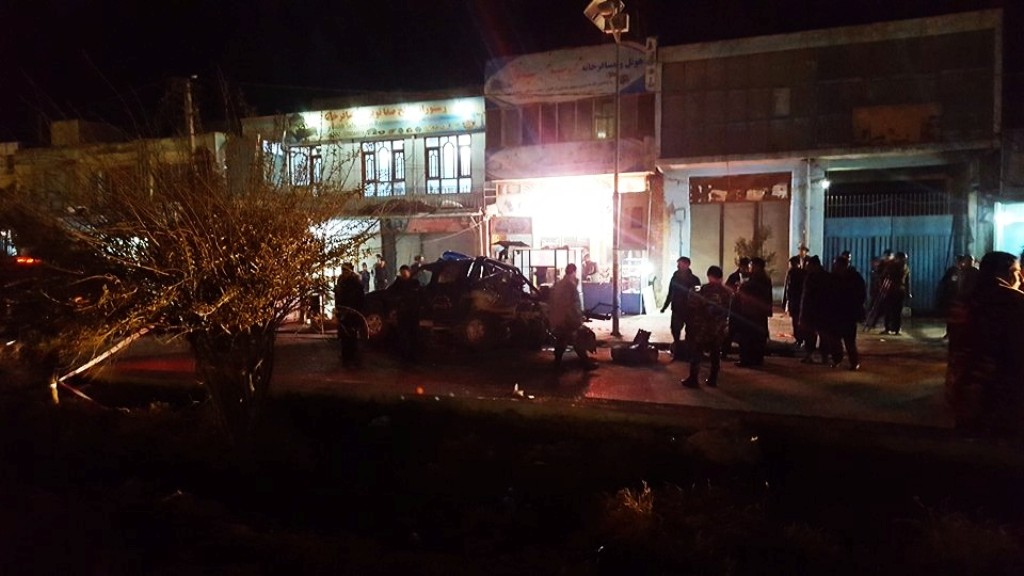 Afghan security forces inspect the explosion scene in Mazar-i-Sharif, Afghanistan on December 30, 2017. At least 11 people injured in a roadside bomb explosion. (Sayed Khodaberdi Sadat - Anadolu Agency).