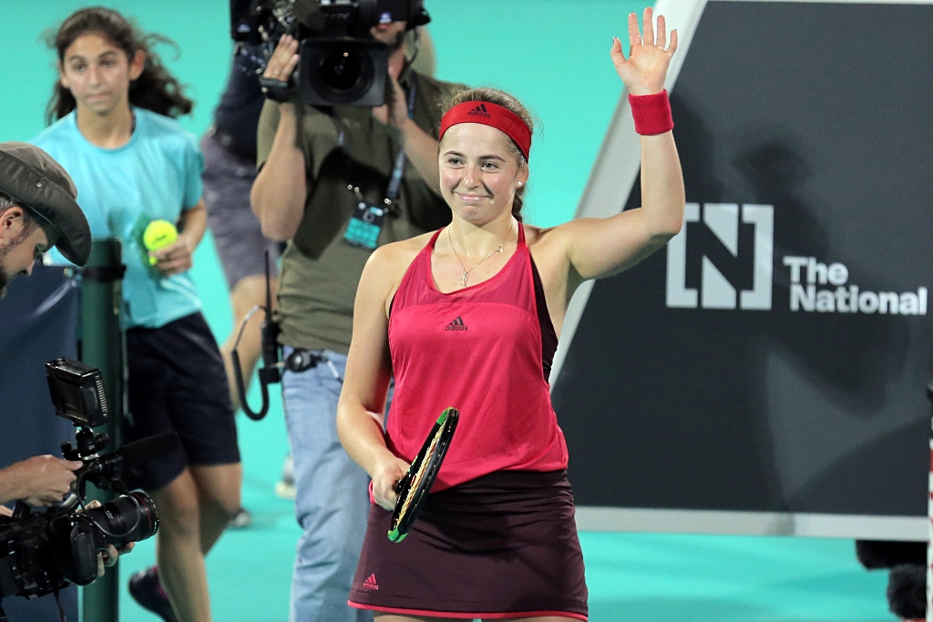 Jelena Ostapenko of Latvia vies against Serena Williams of United States during Ladies Final match on day three of the Mubadala World Tennis Championship at International Tennis Centre Zayed Sports City on December 30, 2017 in Abu Dhabi, United Arab Emira