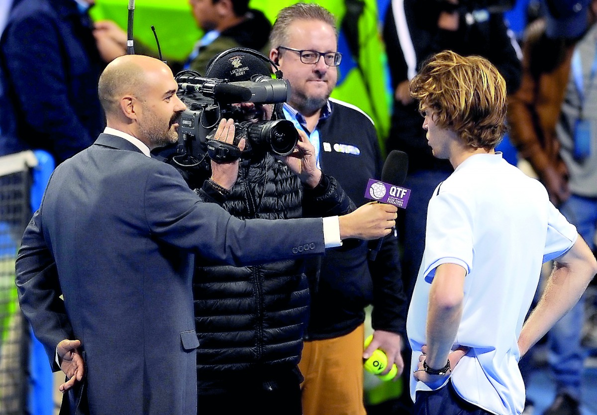 Andy Taylor (left) interviews Russia’s Andrey Rublev yesterday.  Picture by: Salim Matramkot/The Peninsula