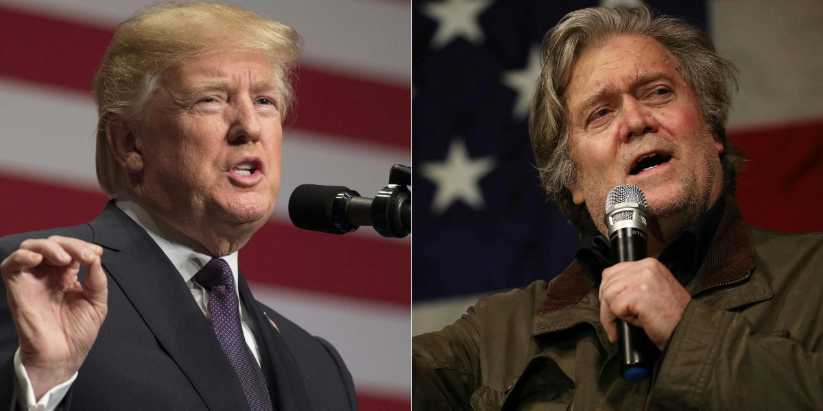 (COMBO) This combination of pictures created on January 3, 2018 shows a file photo taken on December 18, 2017 of US President Donald Trump (L) and a file photo taken on December 5, 2017 of Steve Bannon. AFP / GETTY IMAGES NORTH AMERICA / SAUL LOEB AND JOE