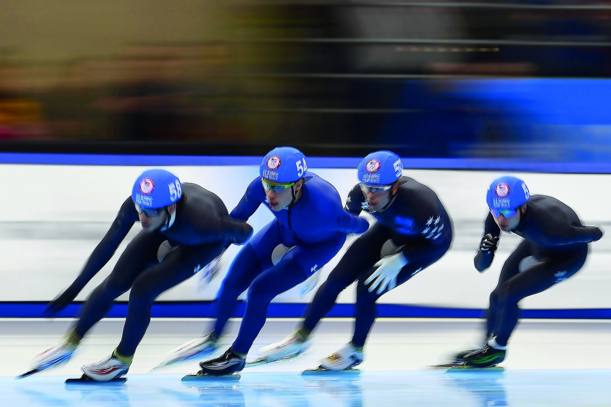Emery Lehman and Brian Hansen lead a group of skaters in the Men's Mass Start event during the Long Track Speed Skating Olympic Trials at the Pettit National Ice Center on January 7, 2018 in Milwaukee, Wisconsin. Stacy Revere/Getty Images/AFP