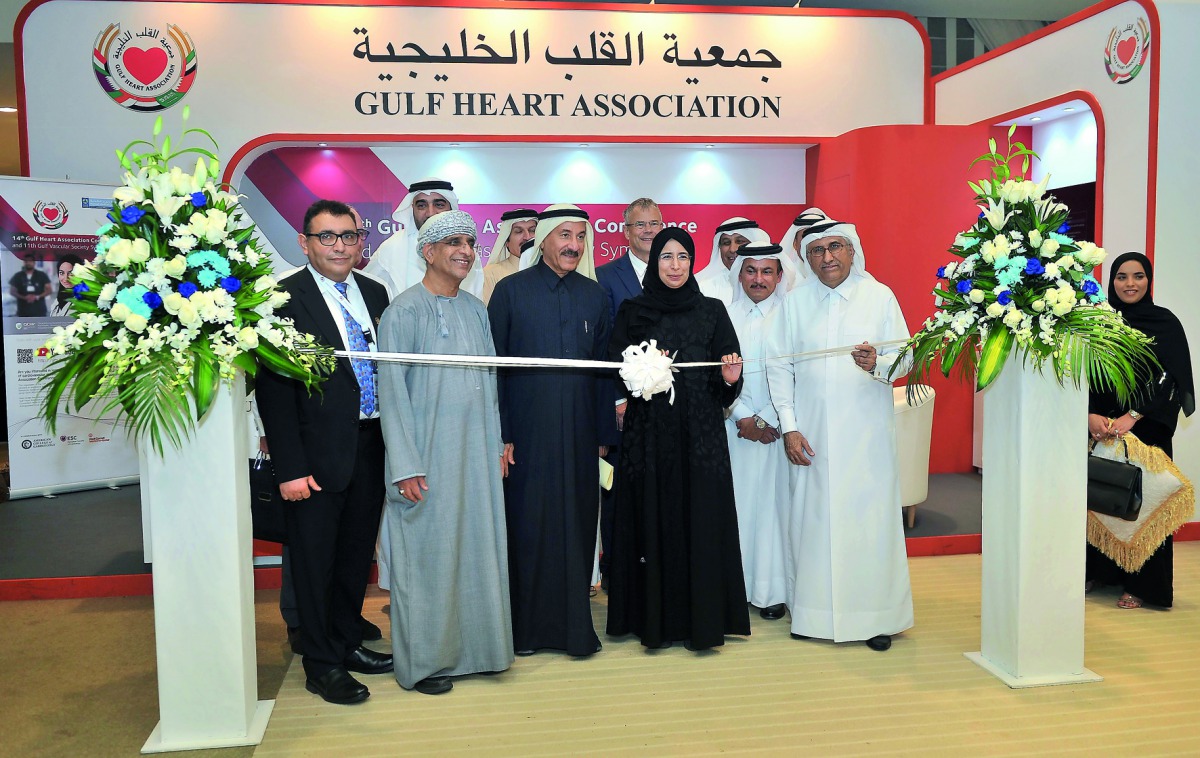 Minister of Public Health H E Dr Hanan Mohamed Al Kuwari, H E Dr Hajar Ahmed Hajar Al Binali, Conference Chairman, and other officials opening the exhibition held on the sidelines of 14th Gulf Heart Association Conference and the 11th Gulf Vascular Societ