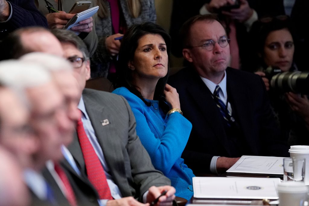 US Ambassador to the United Nations Nikki Haley and Office of Management and Budget (OMB) Director Mick Mulvaney listen as US President Donald Trump holds a cabinet meeting at the White House in Washington, US, January 10, 2018. Reuters/Jonathan Ernst
