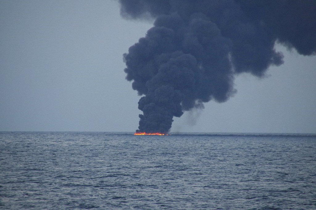Flames and smoke from the Iranian oil tanker Sanchi is seen in the East China Sea, on January 15, 2018 in this photo provided by Japan's 10th Regional Coast Guard. 10th Regional Coast Guard Headquarters/Handout via REUTERS.