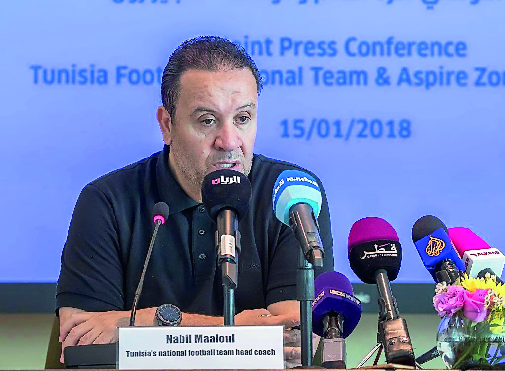 Tunisia coach Nabil Maâloul speaking at a press conference at Aspire Academy in Doha yesterday.