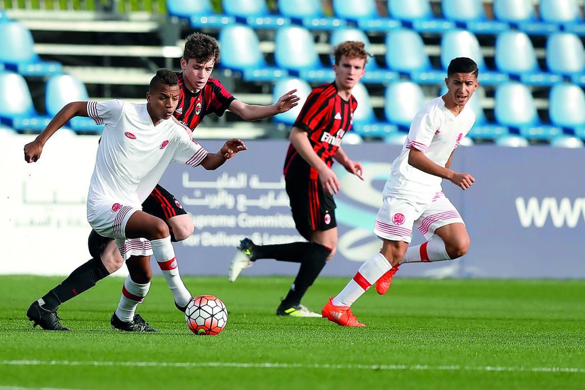 Action from the Al Kass Cup International match betwen AC Milan and Wydad at Aspire Academy in Doha yesterday.