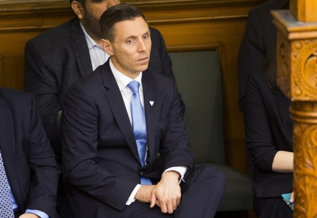 File photo of Progressive Conservative Party of Ontario leader, Patrick Brown, watches from the gallery as Quebec's Premier Philippe Couillard (not seen) makes his visit to the Ontario Legislature inside Queen's park in Toronto, May 11, 2015. REUTERS/Mark