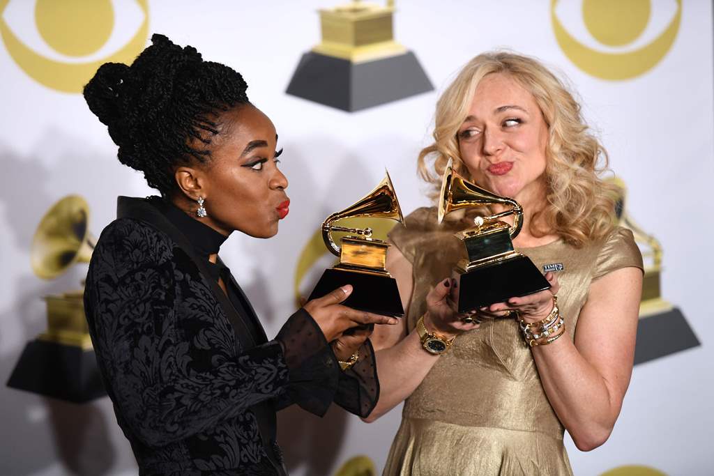Actors Kristolyn Lloyd (L) and Rachel Bay Jones pose with the Best Musical Theater Album trophy for 