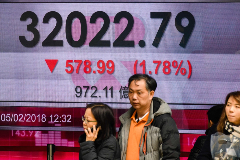 Pedestrians walk past a stocks display board showing the Hang Seng Index at 32022.79, down 1.78 percent, after closing for lunch in Hong Kong on February 5, 2018. AFP / Anthony Wallace 