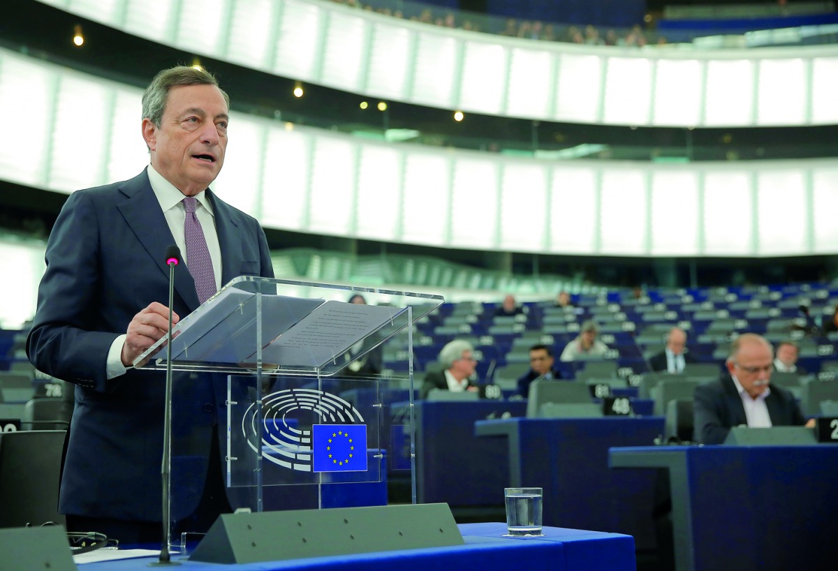 European Central Bank (ECB) President Mario Draghi delivers a speech during a debate on the ECB annual report for 2016 at the European Parliament in Strasbourg, France, yesterday.