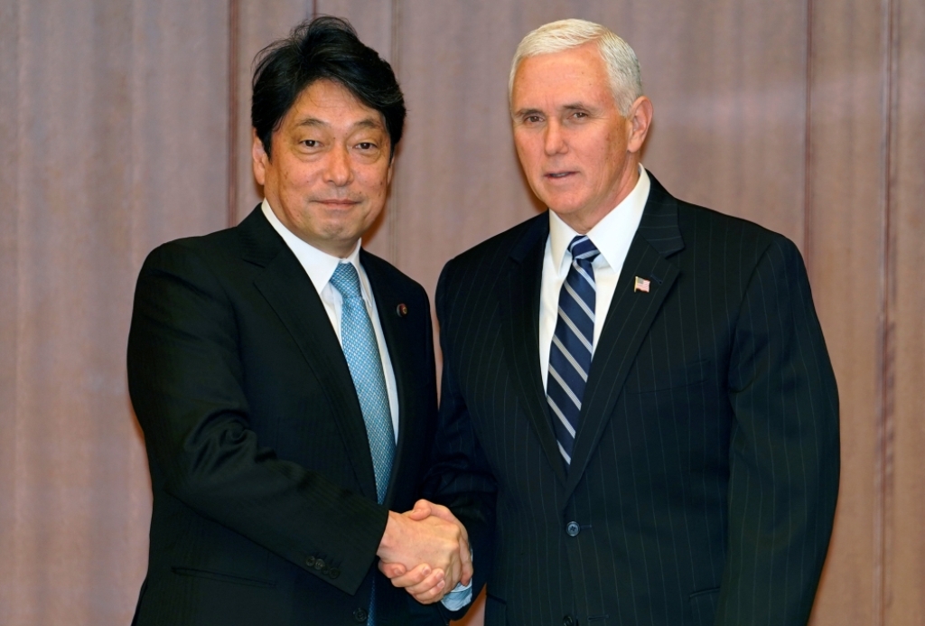 US Vice President Mike pence, right, poses with Japan's Defense Minister Itsunori Onodera prior to their meeting at Defense Ministry in Tokyo, Japan February 7, 2018. REUTERS/Shizuo Kambayashi/Poo