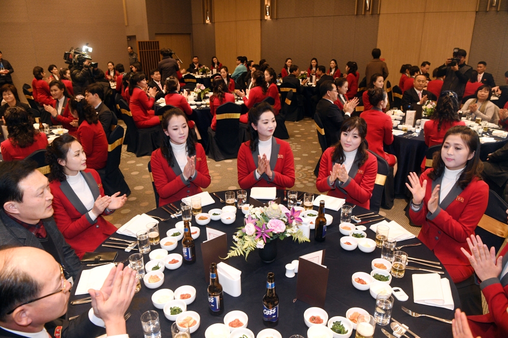 North Korean cheering squad attend a welcome banquet in Inje, South Korea February 7, 2018. Picture taken February 7, 2018. Yonhap via REUTERS