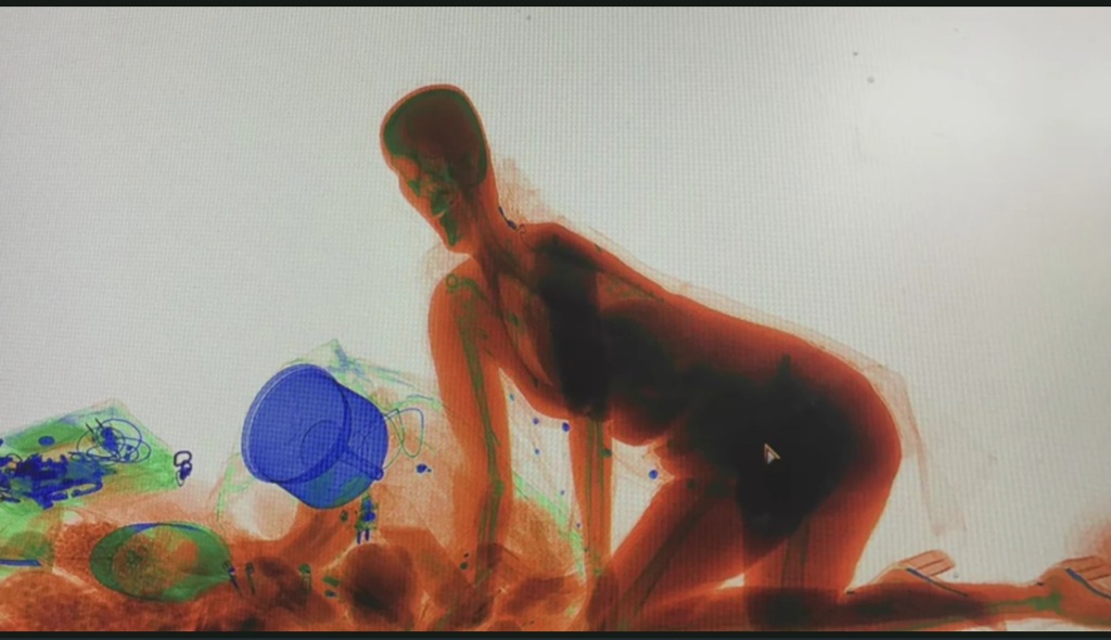 A screen grab from a video showing the woman's silhouette as she passed through the X-ray machine.