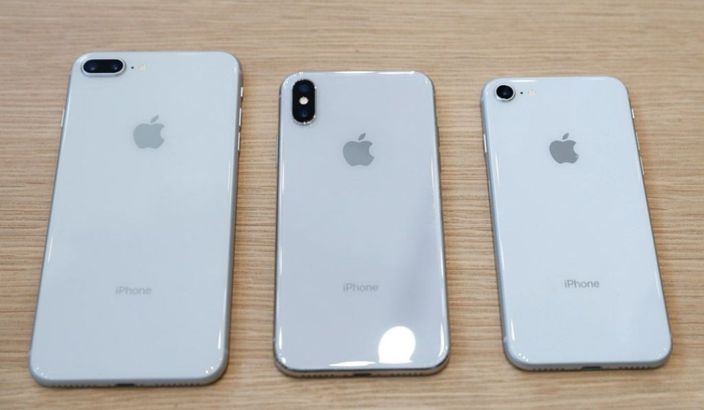 [From left] iPhone 8 Plus, iPhone X and iPhone 8 models are displayed during the launch event in Cupertino, California, US. Reuters
