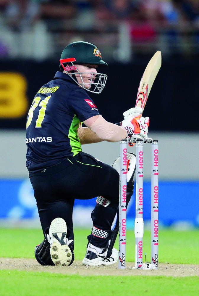 Australia's David Warner bats during the Twenty20 Tri Series international cricket match between New Zealand and Australia at Eden Park in Auckland on February 18, 2018. AFP / Michael Bradley