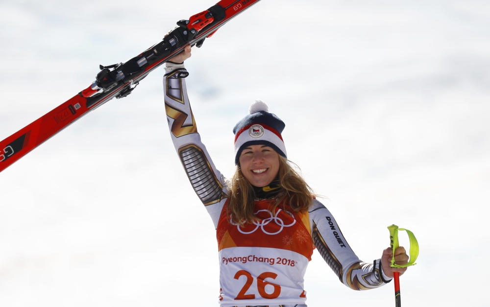 Ester Ledecka of Czech Republic reacts during the victory ceremony, February 17, 2018. REUTERS/Leonhard Foeger
 