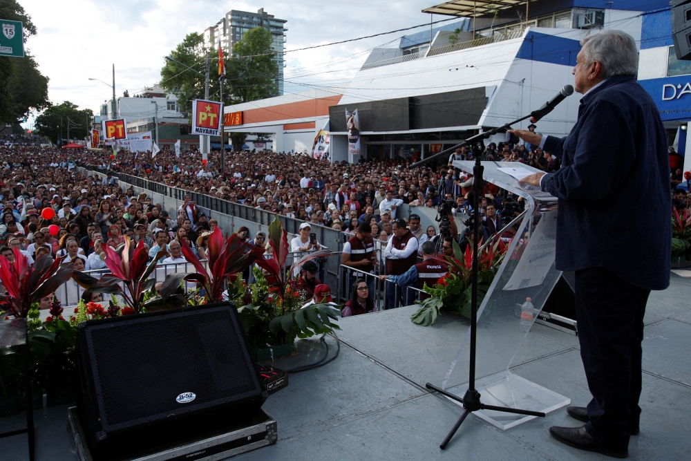 Mexican presidential pre-candidate Andres Manuel Lopez Obrador of the National Regeneration Movement (MORENA) delivers a speech to supporters during the closure of his pre-campaigns in Guadalajara City, Mexico February 11, 2018. Picture taken February 11,