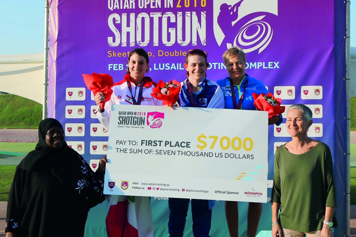 The podium winners in the women’s section of the Trap event along with QSAA officials. 