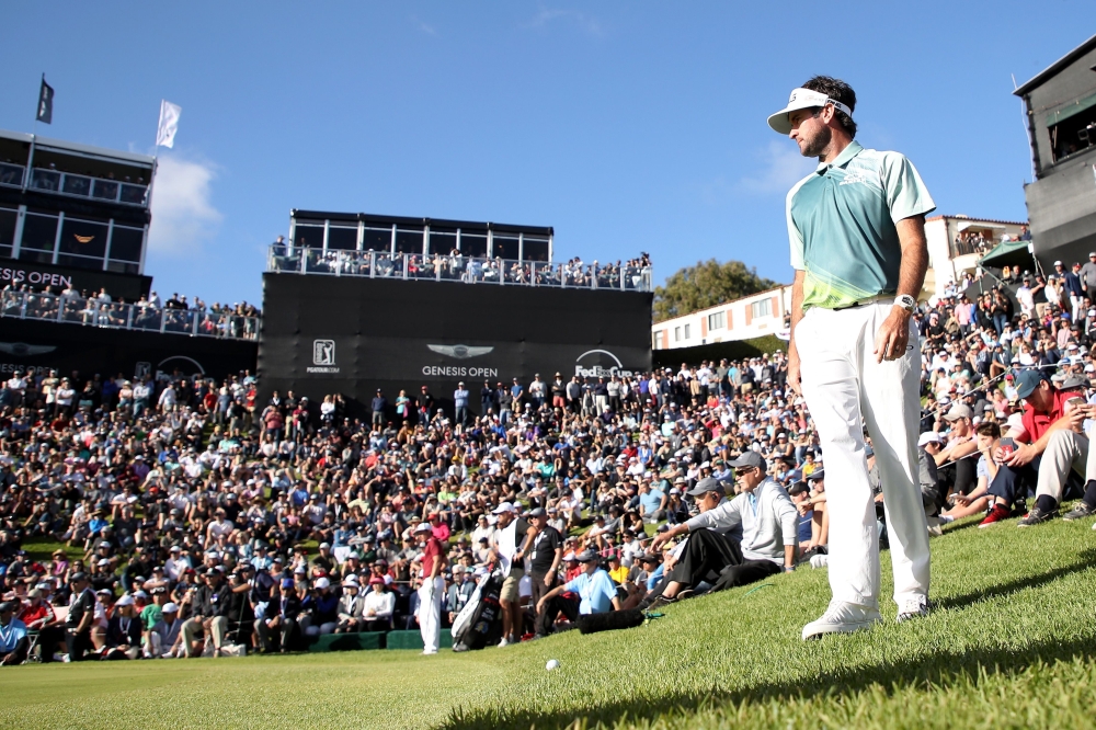 Bubba Watson lines up a shot on the 18th green during the final round of the Genesis Open at Riviera Country Club on February 18, 2018 in Pacific Palisades, California. (Christian Petersen/Getty Images/AFP)