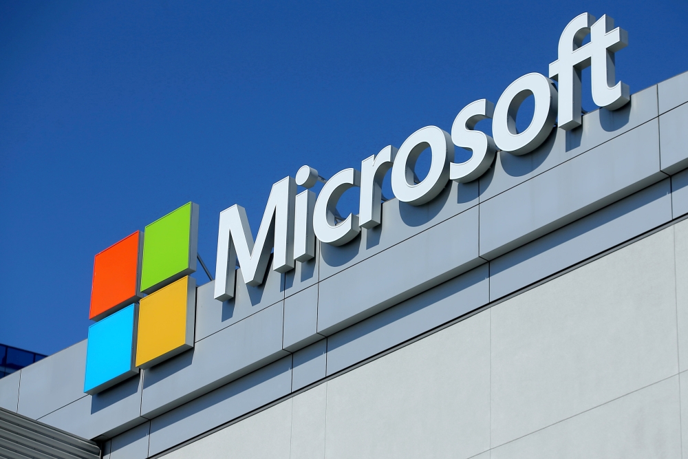 The Microsoft logo is shown on the Microsoft Theatre in Los Angeles, California, U.S., June 13, 2017. REUTERS/Mike Blake/File Photo

