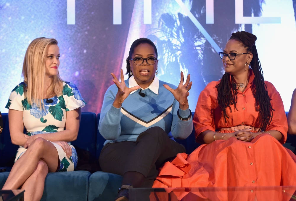 (FILES) In this file photo taken on February 24, 2018 (L-R) Actors Reese Witherspoon, Oprah Winfrey and Director Ava DuVernay participate in the press conference for Disney's 'A Wrinkle in Time' in Hollywood, CA on March 25, 2018. AFP / GETTY IMAGES NORTH