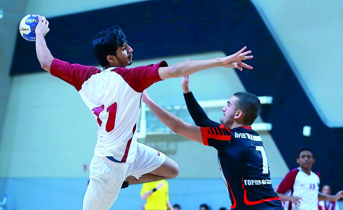 Action from the boys match of the 24th ISF World Schools Handball Championships between Qatar and Bulgaria yesterday. 