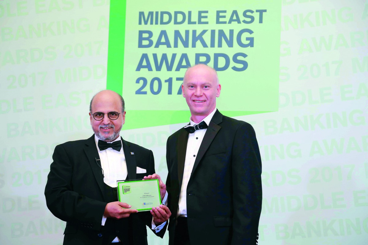 Dr. R. Seetharaman (left), CEO of Doha Bank receiving ‘ CEO of the Year’ award during the EMEA Finance Middle East Banking Awards 2017 ceremony, recently. 