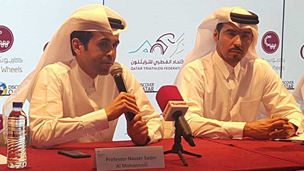 Qatar Cycling and Triathlon Federation President Dr Mohammed Al Kuwari (right) and Prof Dr Nasser Al Mohannadi, Board Member of QCTF, are seen during a press conference in Doha. 