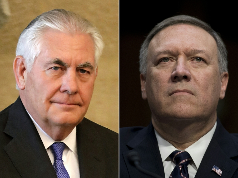 This combination of pictures created on March 13, 2018 shows Rex Tillerson (L) on February 15, 2018 and Mike Pompeo, on January 12, 2017.  AFP / Joseph Eid & Jim Watson
