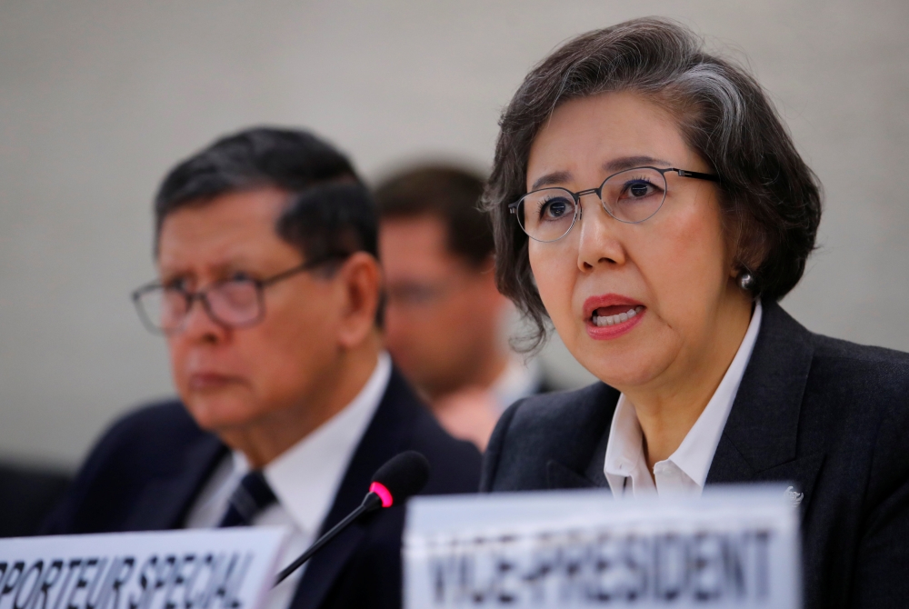 Special Rapporteur on the situation of human rights in Myanmar, Yanghee Lee (R) gives her report next to the President of the Fact-Finding Mission on Myanmar Marzuki Darusman, during the Human Rights Council at the United Nations in Geneva, Switzerland, M