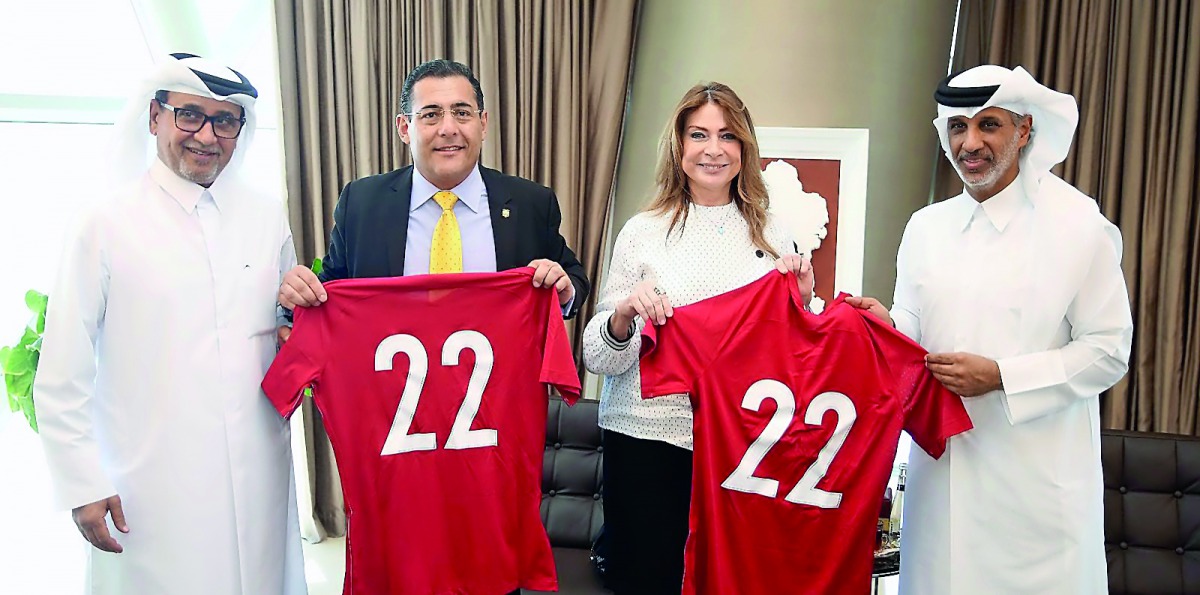 President of Qatar Football Association, Sheikh Hamad bin Khalifa bin Ahmed Al Thani, H E Ivonne Abdel baki, Ambassador of Ecuador to Qatar, and Ecuador’s Defence Minister, Patricio Zambrano Restrepo along with QFA Vice President Saoud Al Mohannadi pose f