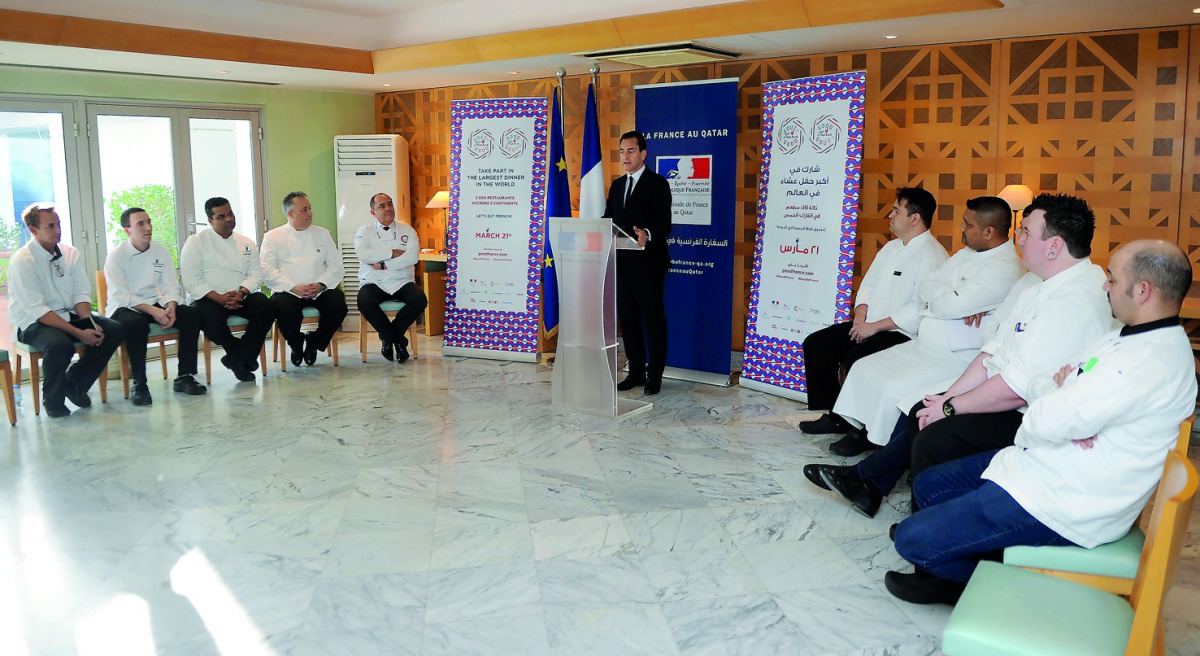 Eric Chevallier, French Ambassador to Qatar, with French chefs during a press conference at his residence yesterday. Pic: Abdul Basit / The Peninsula
