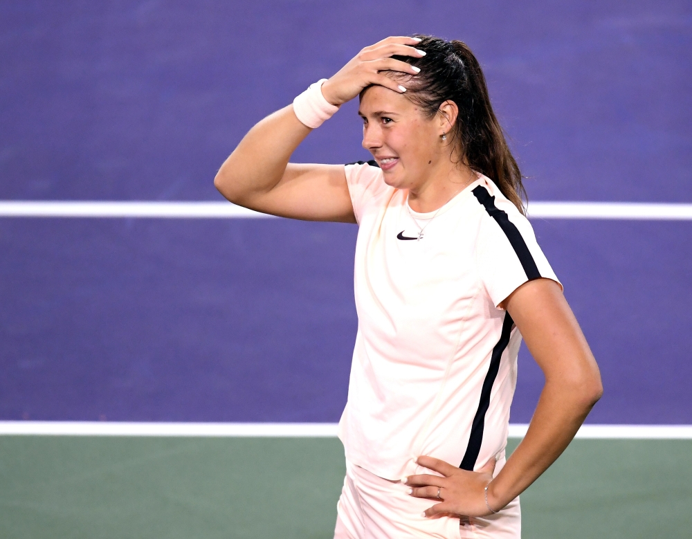 Daria Kasatkina of Russia reacts to her quarterfinal victory over Venus Williams of the United States during the BNP Paribas Open at the Indian Wells Tennis Garden on March 16, 2018 in Indian Wells, California. Harry How/Getty Images/AFP 