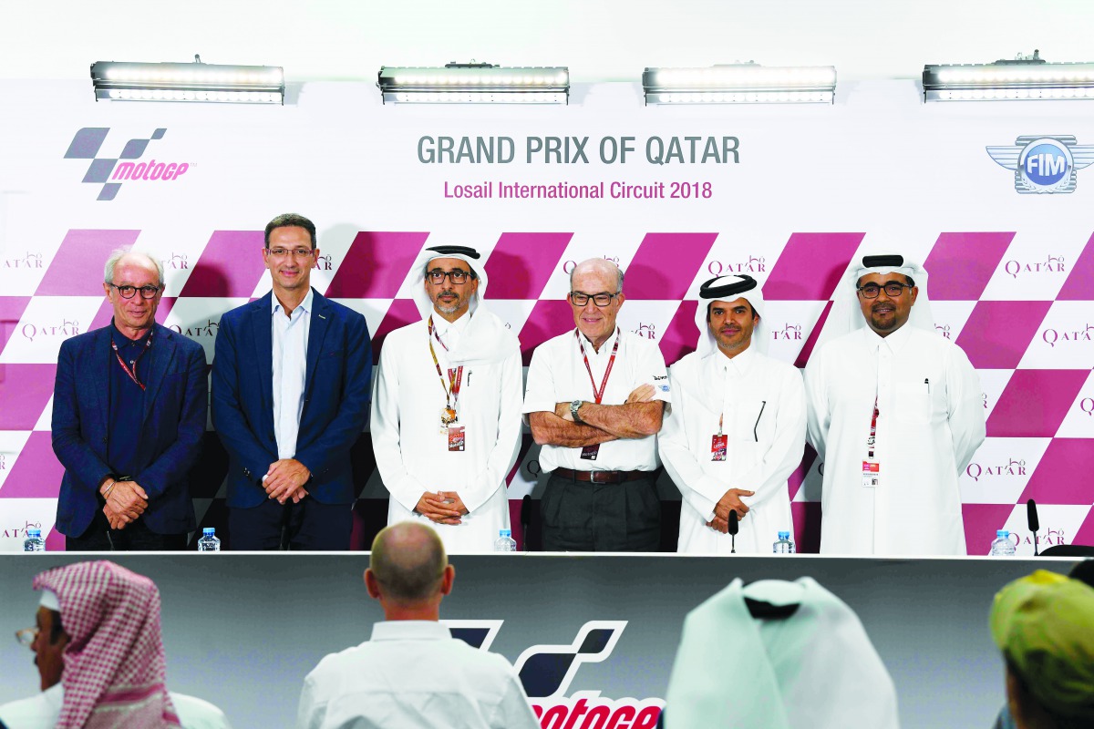 Minister of Culture and Sports of Qatar, H E Salah bin Ghanim Al Ali (third left) is seen with  Vito Ippolito, FIM President (left), Ivan Bravo, General Director Aspire Academy (second left), Abdulrahman Al Mannai, QMMF President (right), Khalid Al Remaih