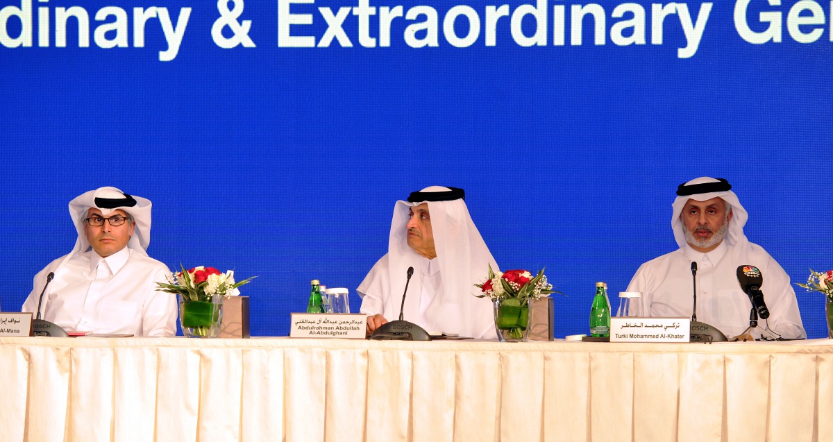 Turki bin Mohammed Al Khater (right), Chairman UDC; Abdulrahman Abdullah Al Abdulghani (centre), Vice Chairman, UDC; and  Nawaf Ibrahim Al Mana (left), Board Member, during the UDC Annual Ordinary and Extraordinary General Assembly Meeting held at Marsa M