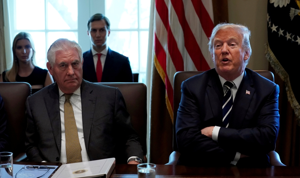 U.S. Secretary of State Rex Tillerson listens as President Donald Trump holds a cabinet meeting at the White House in Washington, U.S., October 16, 2017. REUTERS/Kevin Lamarque/File Photo
