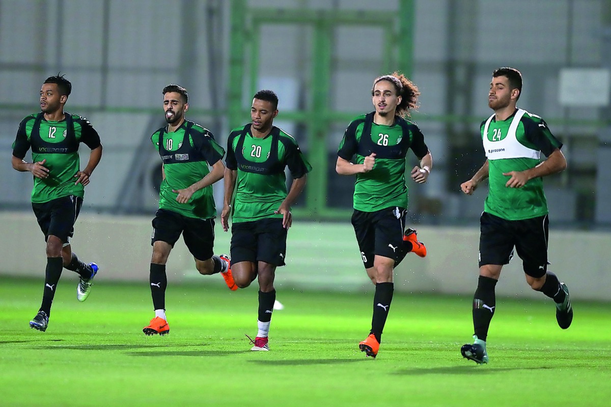 Al Sadd’s players in action during a training session ahead of their AFC Champions League clash against UAE’s Al Wasl yesterday. 